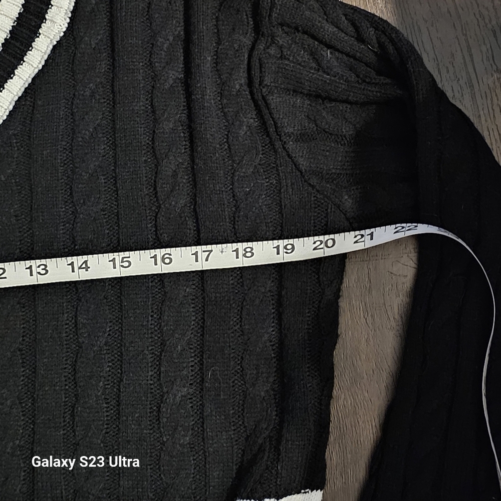 ELODIE Varsity Cable Knit V- neck Sweater In Black White - Picture 7 of 9